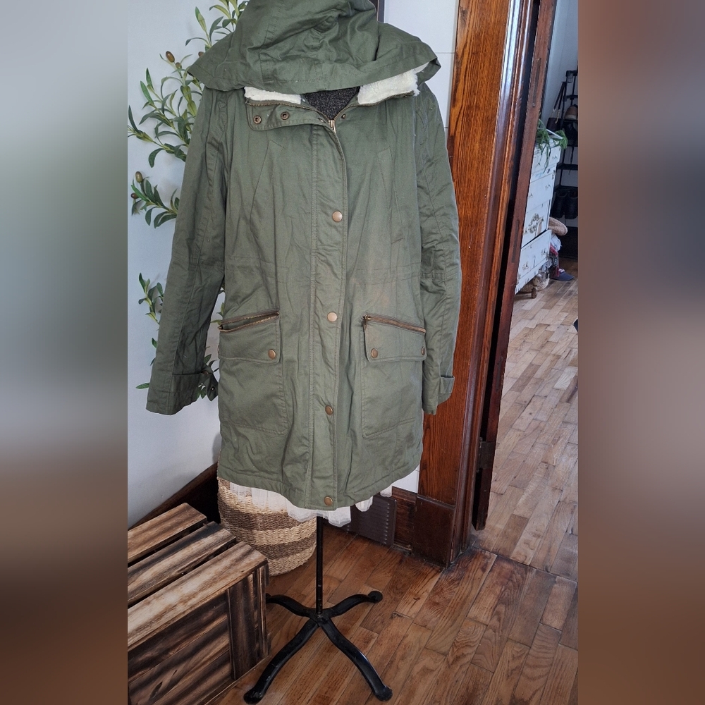Urban Republic Green Sherpa Cargo Coat with sherpa.